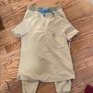 Figs Khaki Scrub Set with Blue Accent